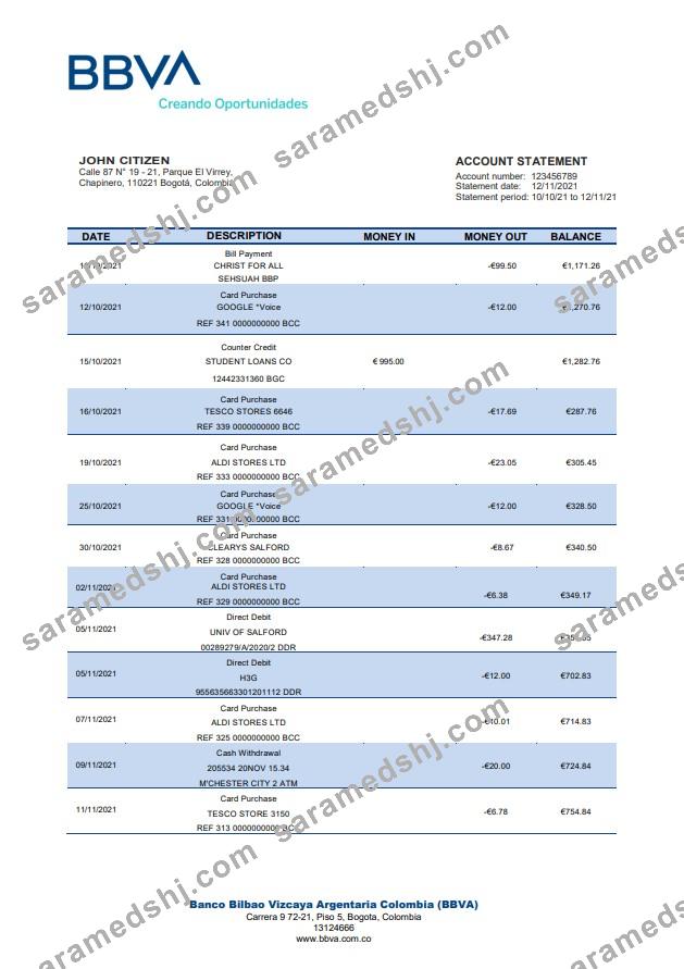 Colombia BBVA bank staement